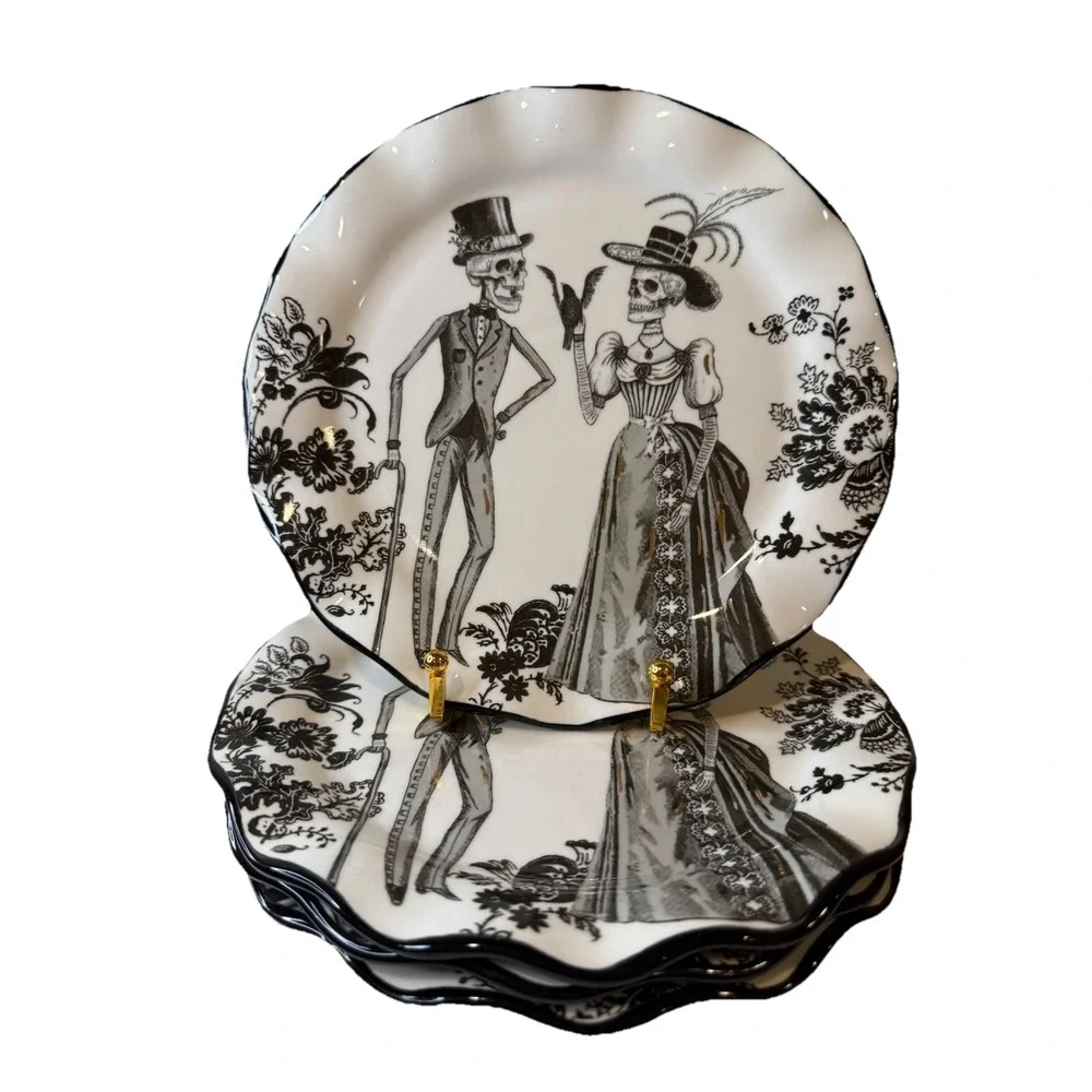 Set of 4 Potter's Studio Halloween VICTORIAN SKELETON Salad Plates Specks -Gold